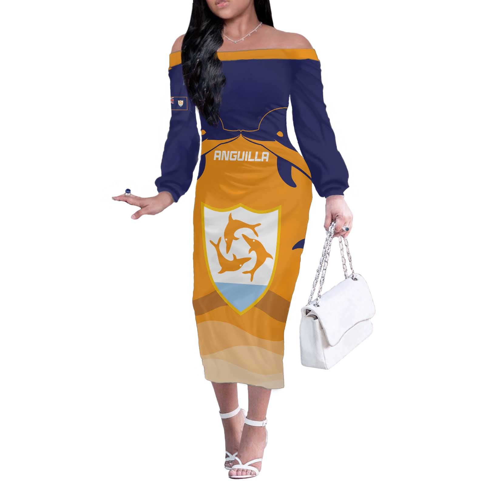 Custom Anguilla Football Off The Shoulder Long Sleeve Dress Dolphins Coat Of Arms Style