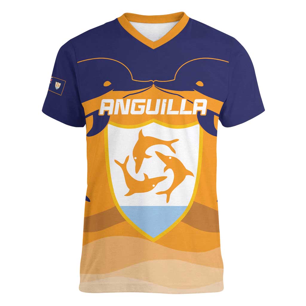 Custom Anguilla Football Women V-Neck T-Shirt Dolphins Coat Of Arms Style