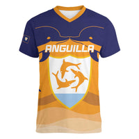 Custom Anguilla Football Women V-Neck T-Shirt Dolphins Coat Of Arms Style