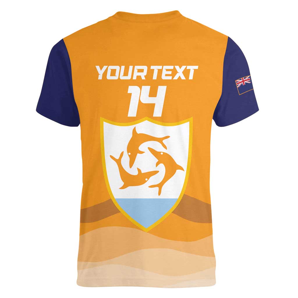 Custom Anguilla Football Women V-Neck T-Shirt Dolphins Coat Of Arms Style