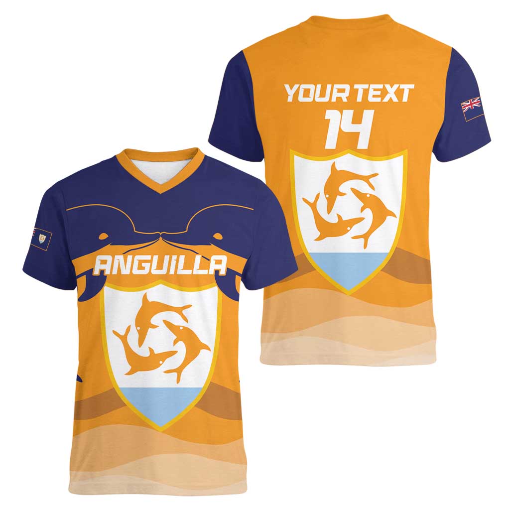Custom Anguilla Football Women V-Neck T-Shirt Dolphins Coat Of Arms Style
