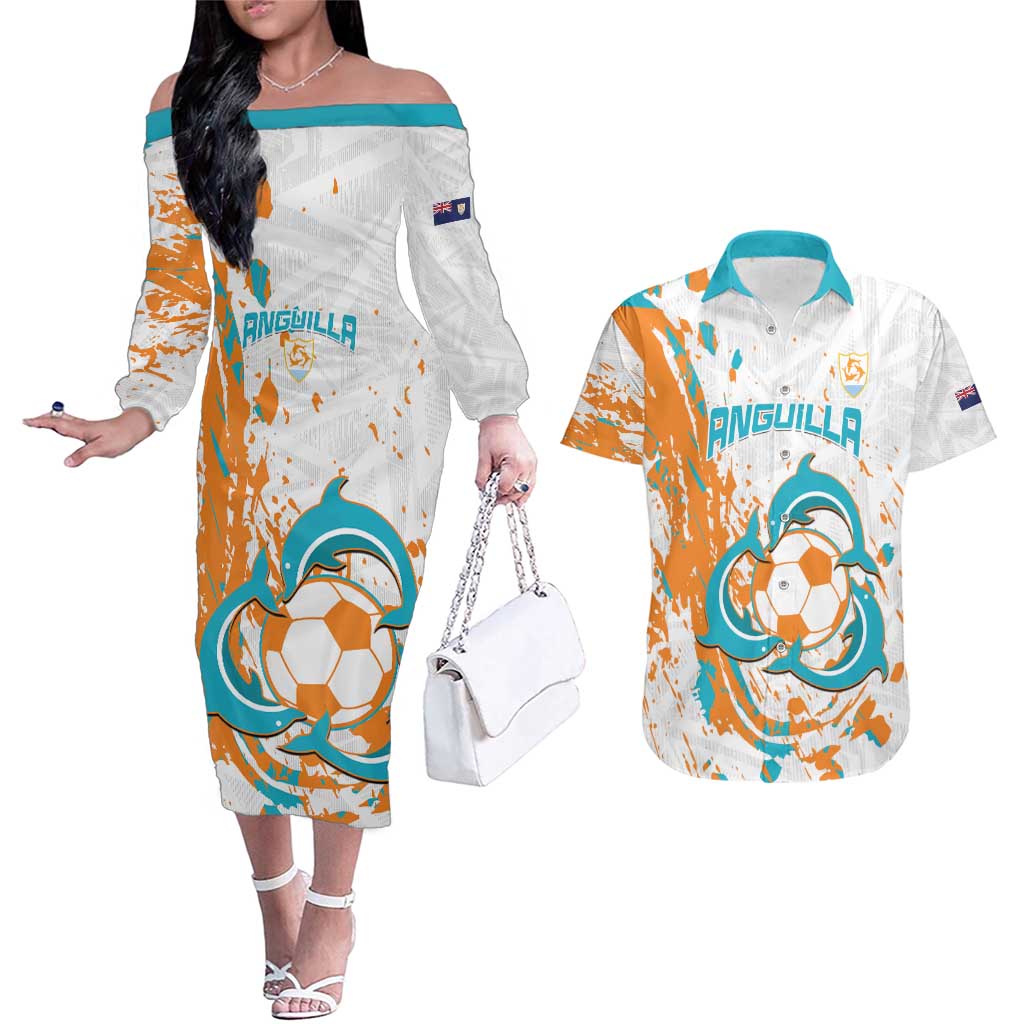 Custom Anguilla Football Couples Matching Off The Shoulder Long Sleeve Dress and Hawaiian Shirt Go Champions Grunge Style
