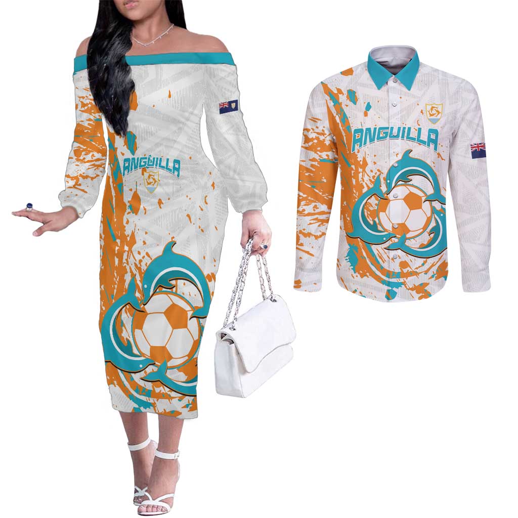 Custom Anguilla Football Couples Matching Off The Shoulder Long Sleeve Dress and Long Sleeve Button Shirt Go Champions Grunge Style