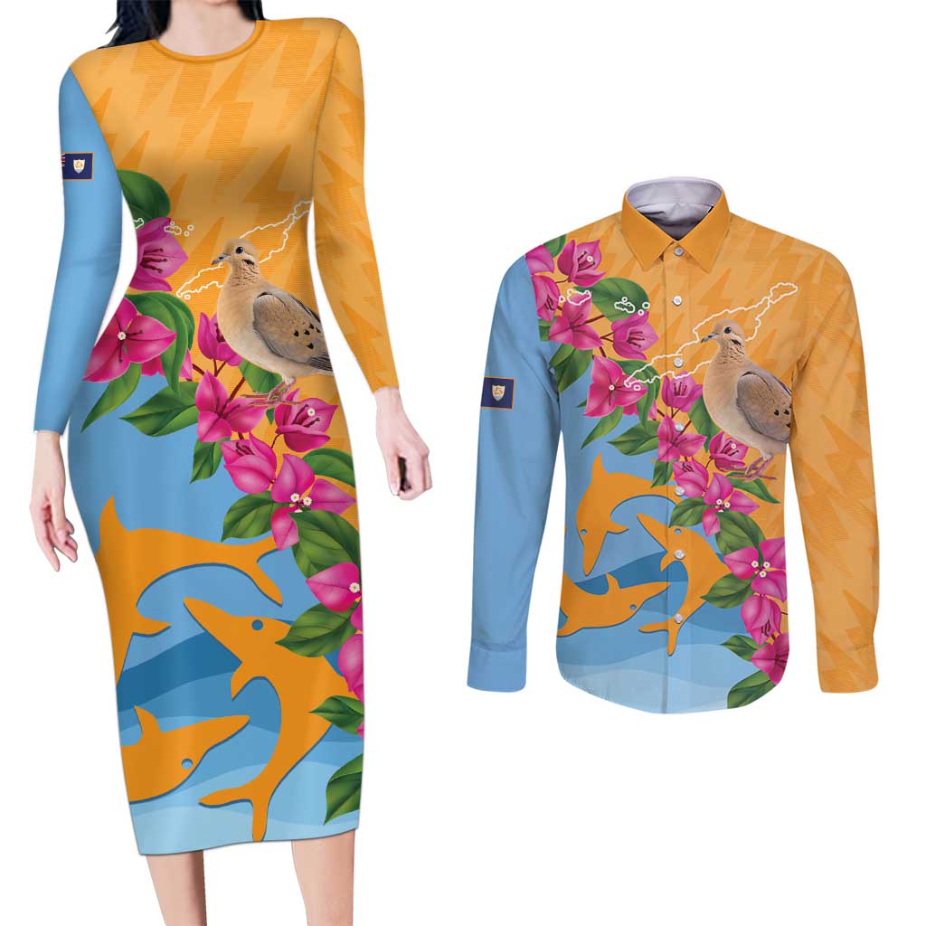Anguilla Couples Matching Long Sleeve Bodycon Dress and Long Sleeve Button Shirt Coat Of Arms With Zenaida Dove