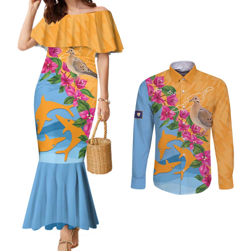 Anguilla Couples Matching Mermaid Dress and Long Sleeve Button Shirt Coat Of Arms With Zenaida Dove