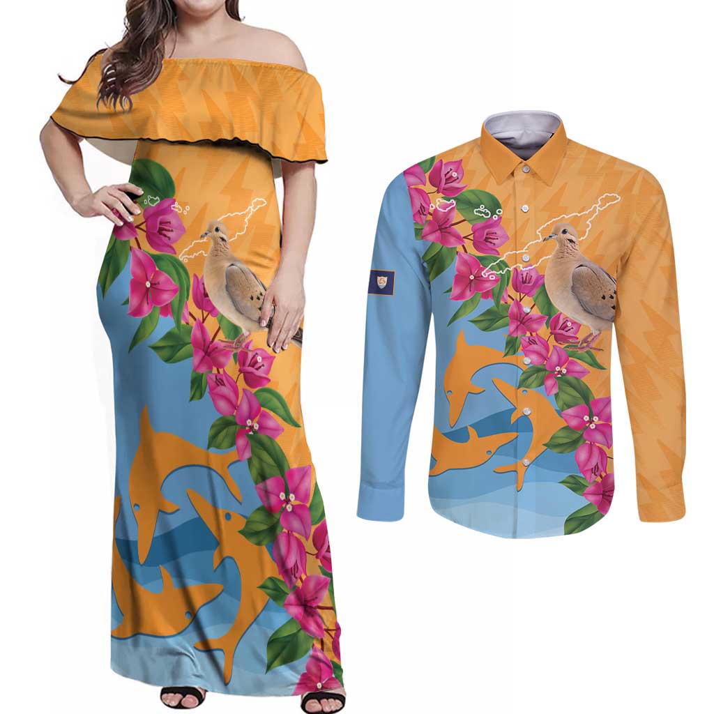 Anguilla Couples Matching Off Shoulder Maxi Dress and Long Sleeve Button Shirt Coat Of Arms With Zenaida Dove