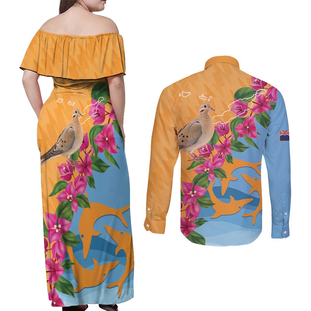 Anguilla Couples Matching Off Shoulder Maxi Dress and Long Sleeve Button Shirt Coat Of Arms With Zenaida Dove