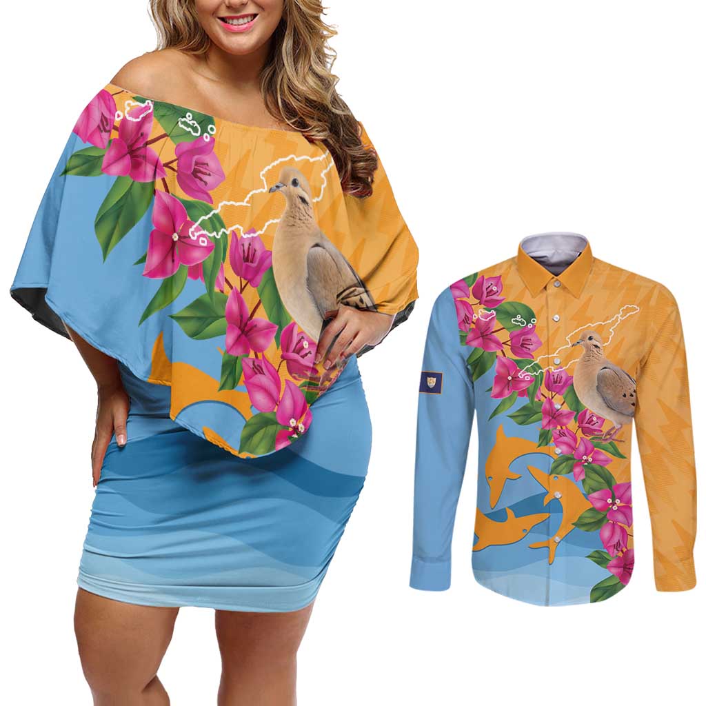 Anguilla Couples Matching Off Shoulder Short Dress and Long Sleeve Button Shirt Coat Of Arms With Zenaida Dove