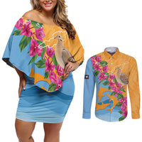 Anguilla Couples Matching Off Shoulder Short Dress and Long Sleeve Button Shirt Coat Of Arms With Zenaida Dove
