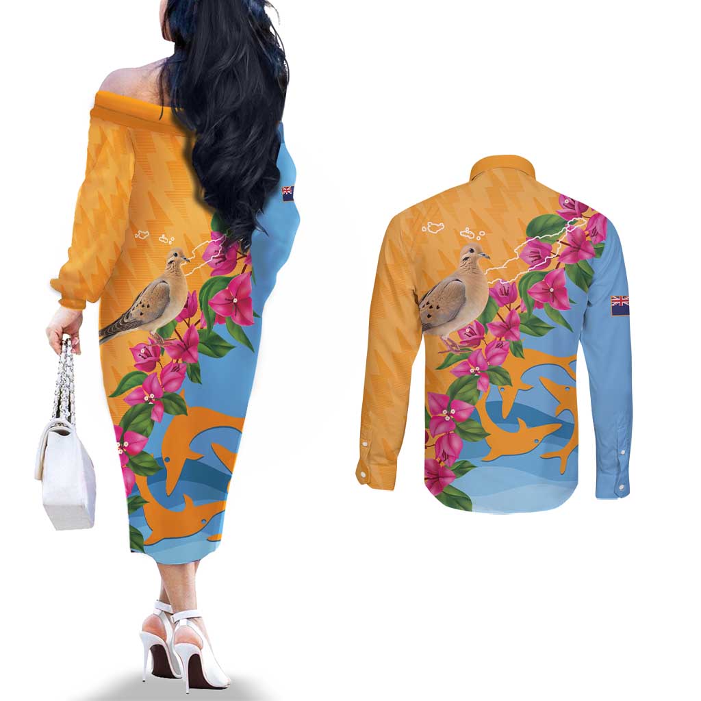 Anguilla Couples Matching Off The Shoulder Long Sleeve Dress and Long Sleeve Button Shirt Coat Of Arms With Zenaida Dove