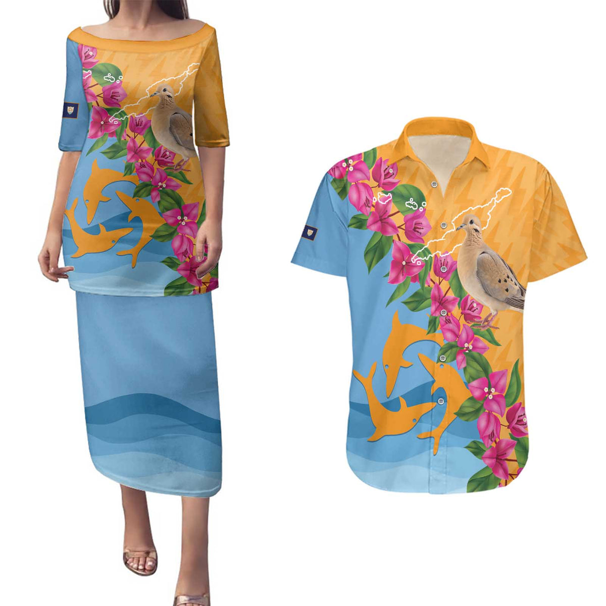 Anguilla Couples Matching Puletasi and Hawaiian Shirt Coat Of Arms With Zenaida Dove
