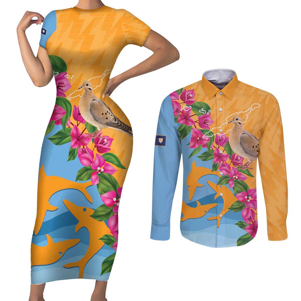 Anguilla Couples Matching Short Sleeve Bodycon Dress and Long Sleeve Button Shirt Coat Of Arms With Zenaida Dove