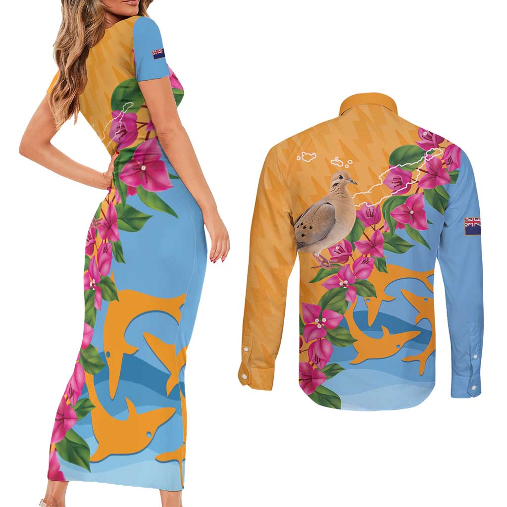 Anguilla Couples Matching Short Sleeve Bodycon Dress and Long Sleeve Button Shirt Coat Of Arms With Zenaida Dove