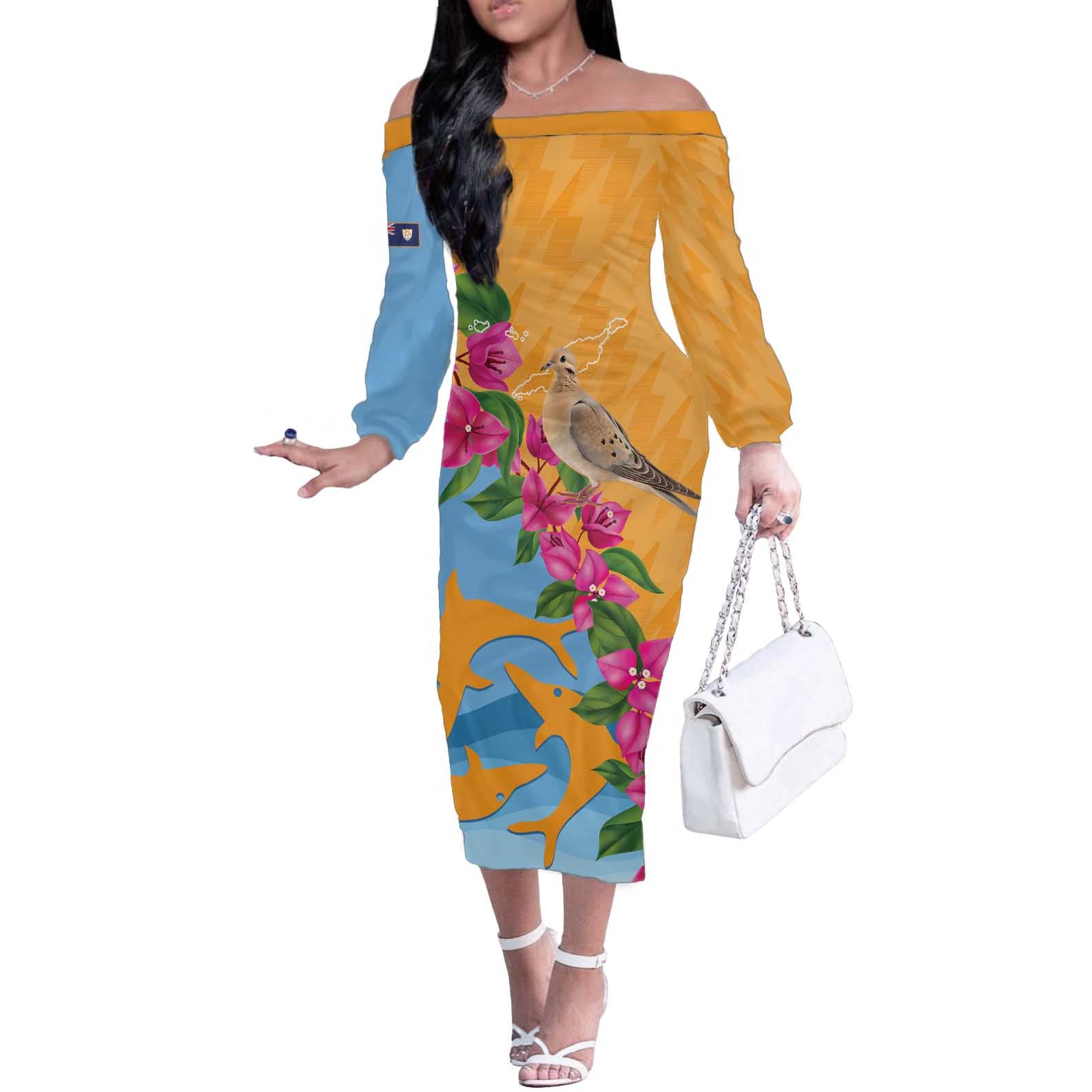 Anguilla Off The Shoulder Long Sleeve Dress Coat Of Arms With Zenaida Dove