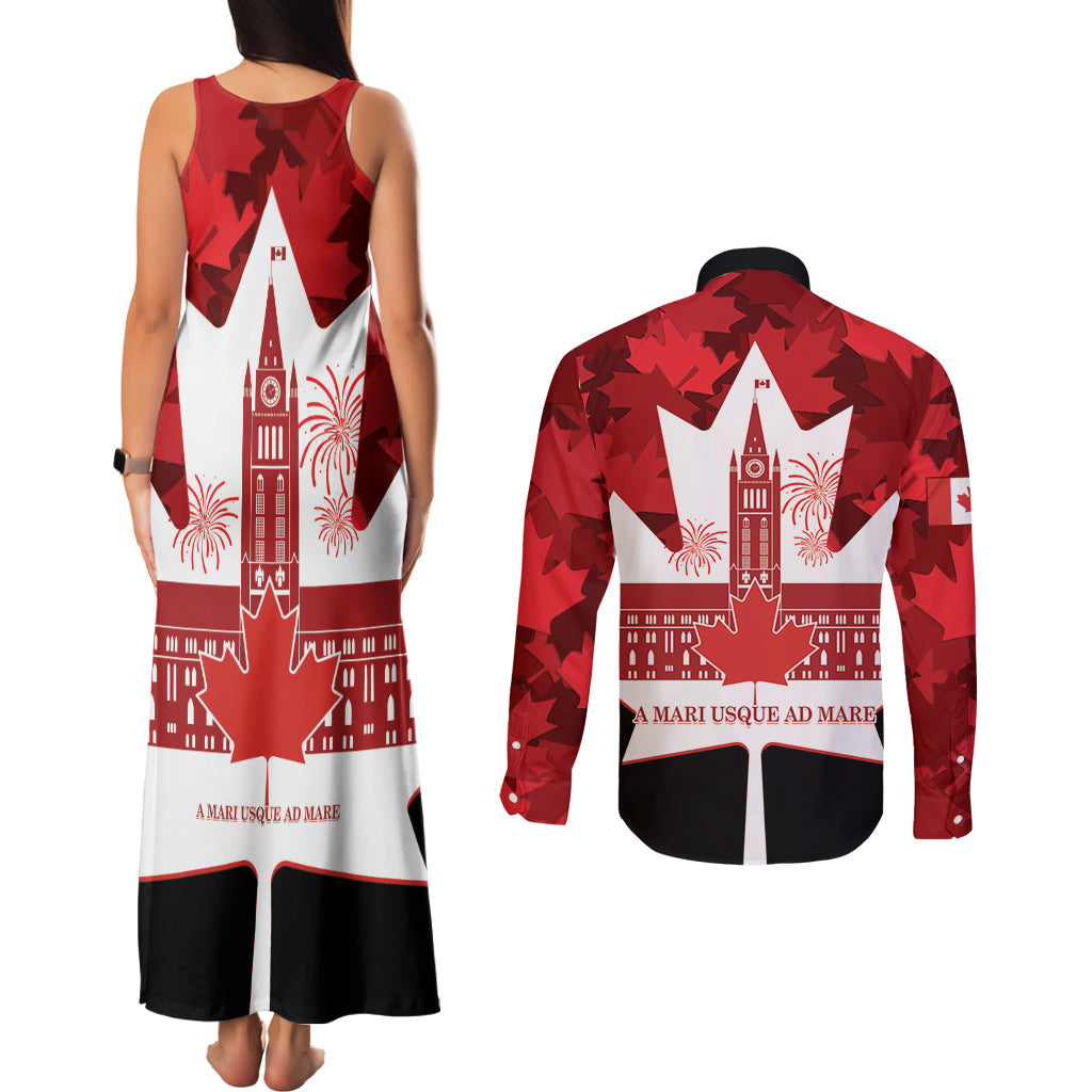 Canada Day Couples Matching Tank Maxi Dress and Long Sleeve Button Shirt 2024 Canadian Maple Leaf Pattern - Wonder Print Shop