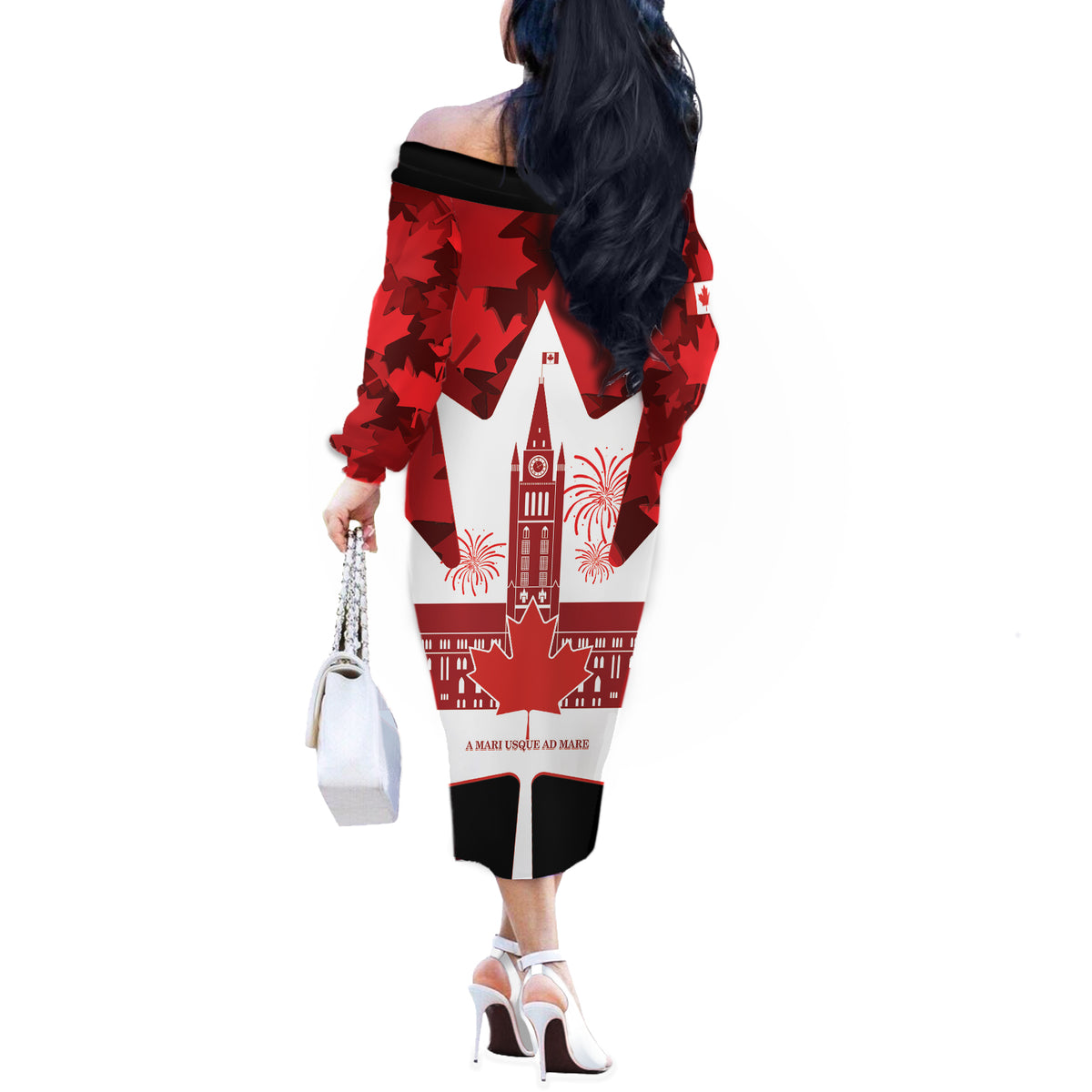 Canada Day Off The Shoulder Long Sleeve Dress 2024 Canadian Maple Leaf Pattern - Wonder Print Shop