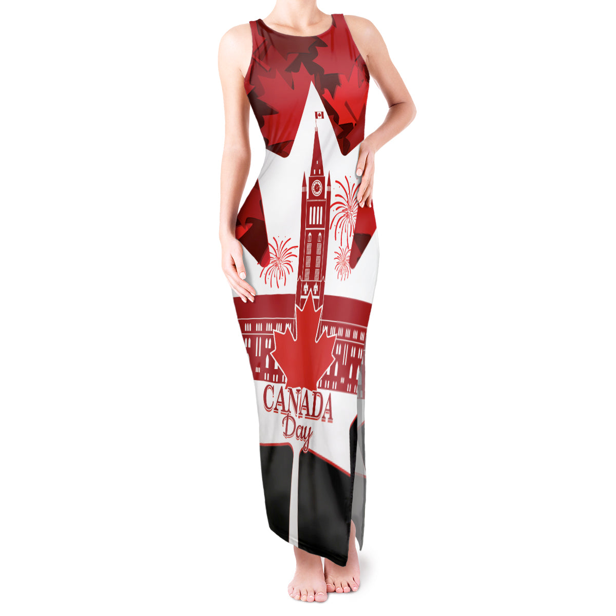 Canada Day Tank Maxi Dress 2024 Canadian Maple Leaf Pattern - Wonder Print Shop
