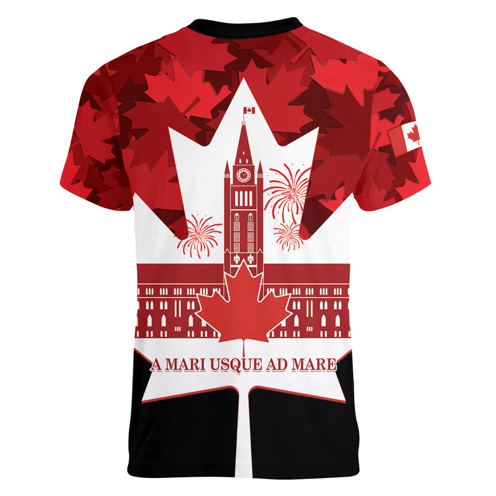 Canada Day Women V-Neck T-Shirt 2024 Canadian Maple Leaf Pattern - Wonder Print Shop