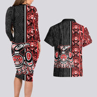 Canada Indigenous Peoples' Day Couples Matching Long Sleeve Bodycon Dress and Hawaiian Shirt Canadian Raven Haida Pattern