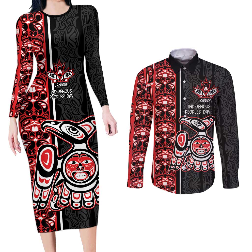 Canada Indigenous Peoples' Day Couples Matching Long Sleeve Bodycon Dress and Long Sleeve Button Shirt Canadian Raven Haida Pattern