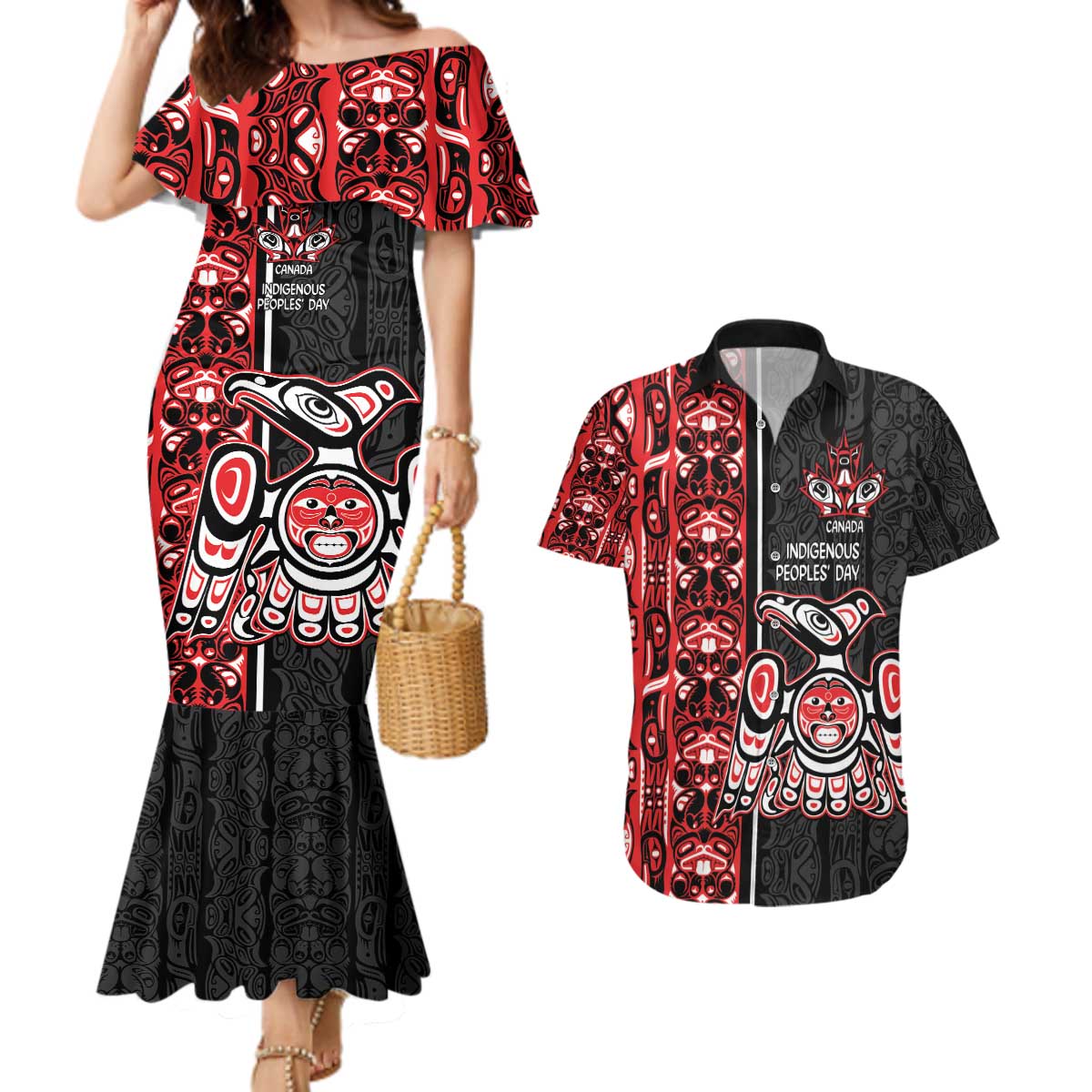 Canada Indigenous Peoples' Day Couples Matching Mermaid Dress and Hawaiian Shirt Canadian Raven Haida Pattern