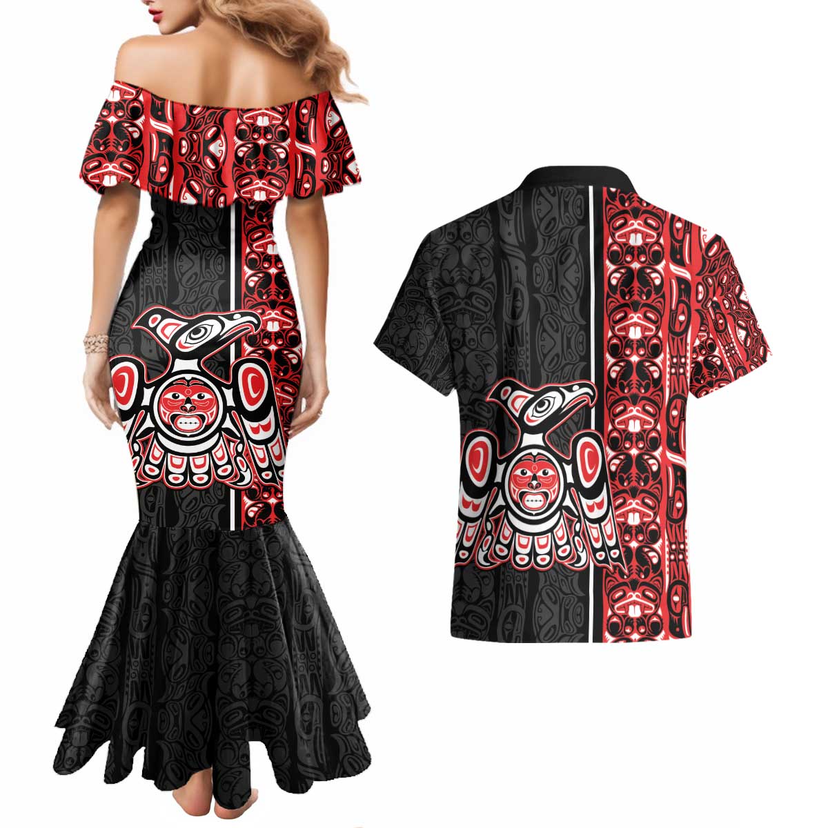 Canada Indigenous Peoples' Day Couples Matching Mermaid Dress and Hawaiian Shirt Canadian Raven Haida Pattern