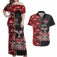 Canada Indigenous Peoples' Day Couples Matching Off Shoulder Maxi Dress and Hawaiian Shirt Canadian Raven Haida Pattern