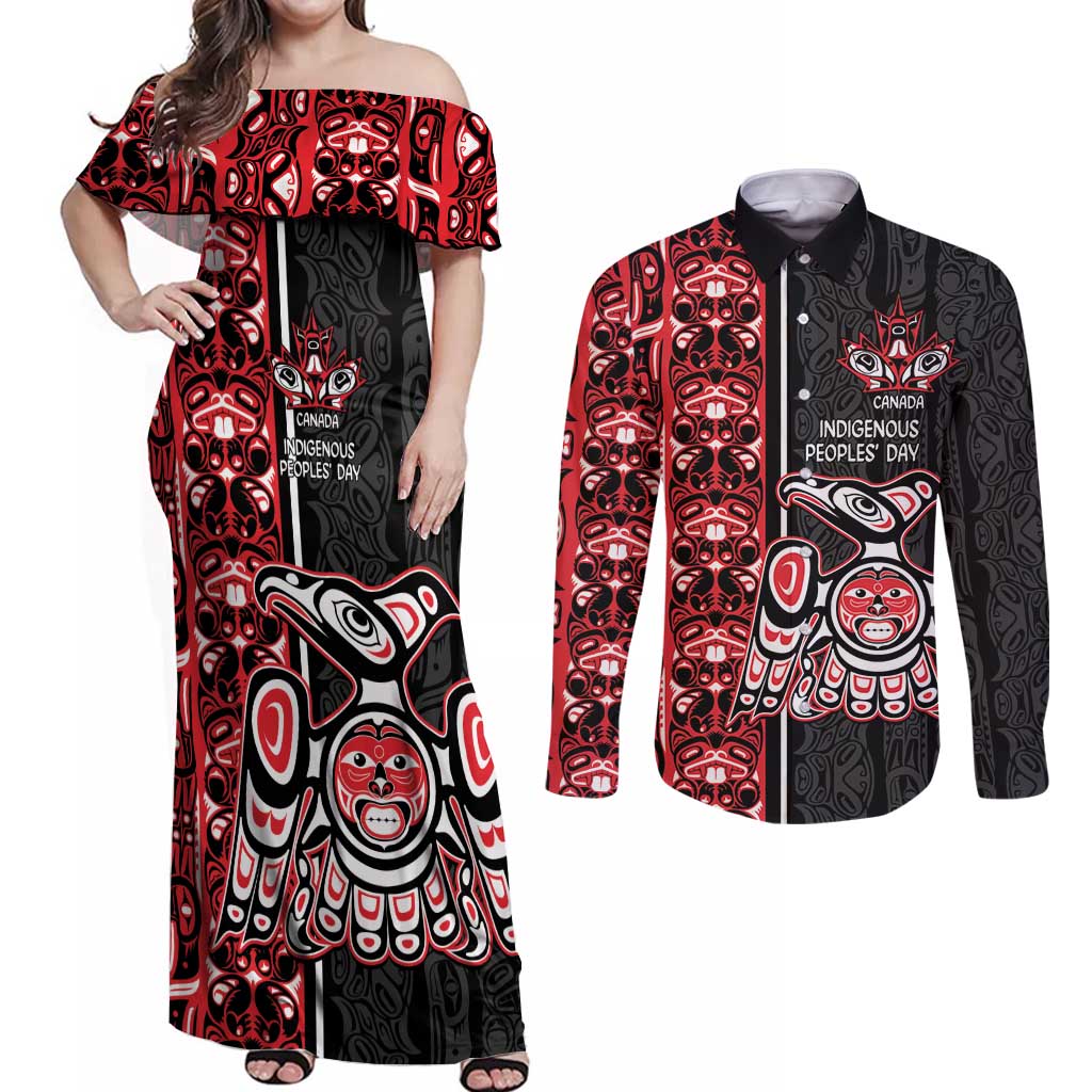 Canada Indigenous Peoples' Day Couples Matching Off Shoulder Maxi Dress and Long Sleeve Button Shirt Canadian Raven Haida Pattern