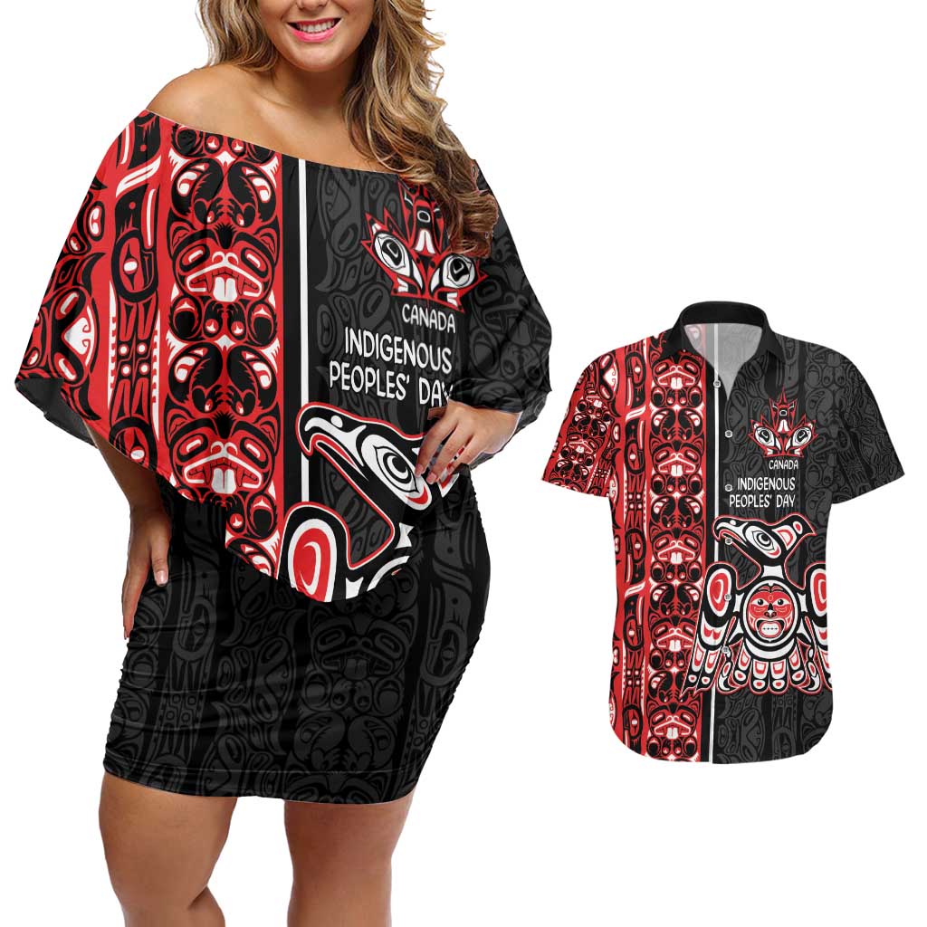 Canada Indigenous Peoples' Day Couples Matching Off Shoulder Short Dress and Hawaiian Shirt Canadian Raven Haida Pattern