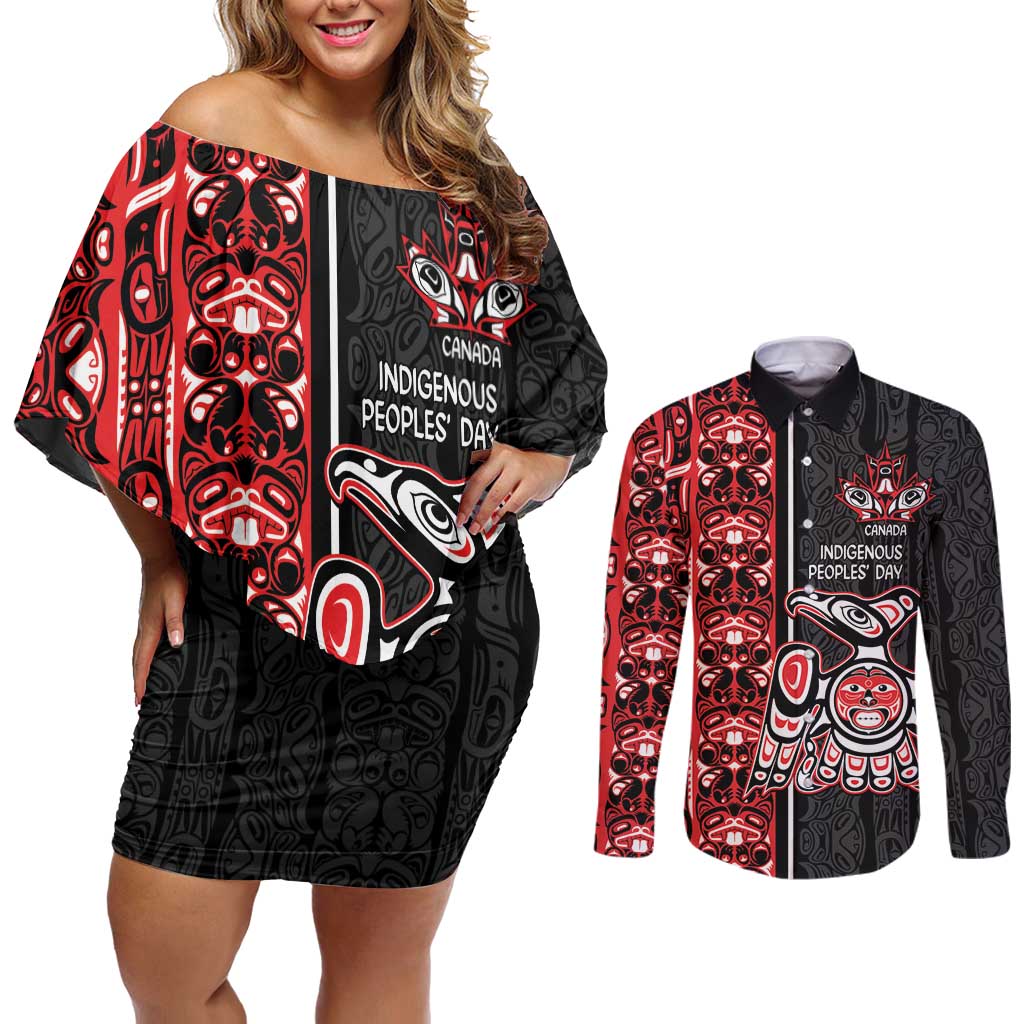 Canada Indigenous Peoples' Day Couples Matching Off Shoulder Short Dress and Long Sleeve Button Shirt Canadian Raven Haida Pattern