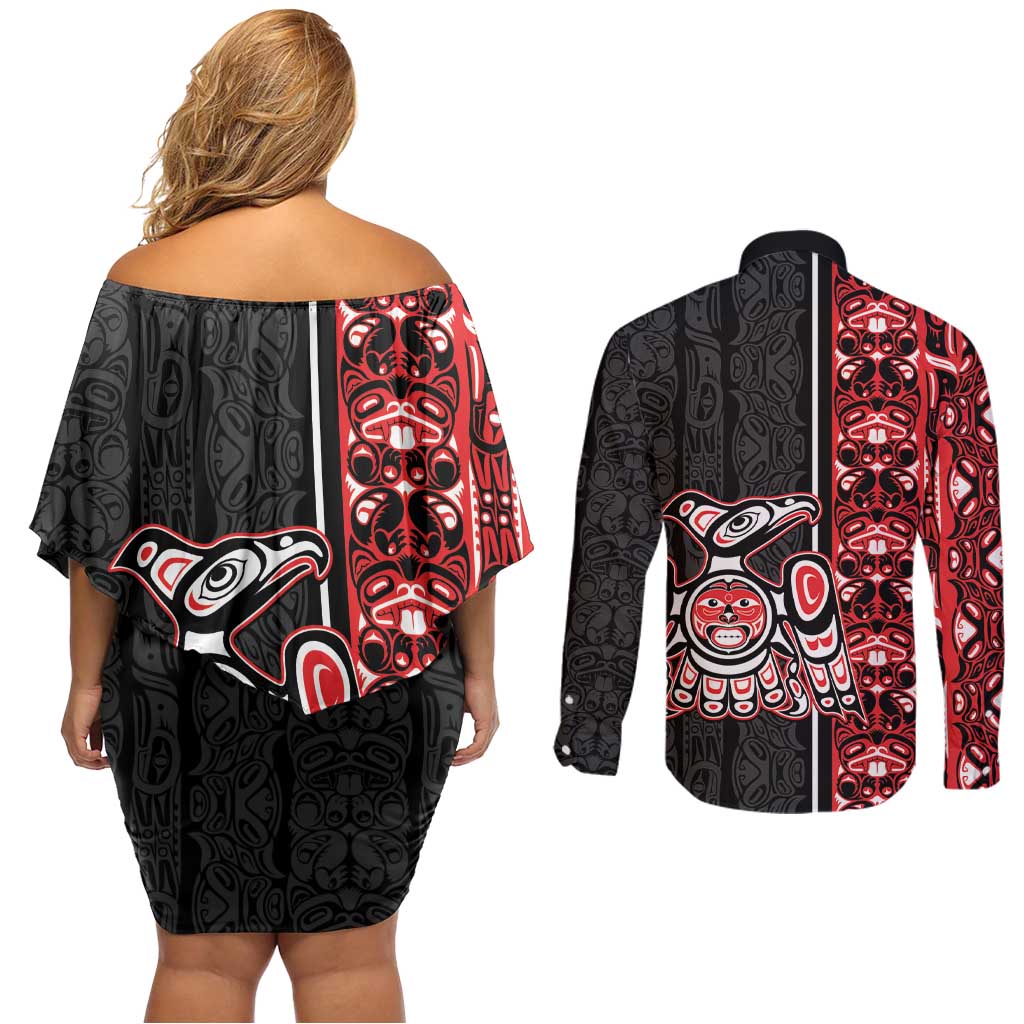 Canada Indigenous Peoples' Day Couples Matching Off Shoulder Short Dress and Long Sleeve Button Shirt Canadian Raven Haida Pattern