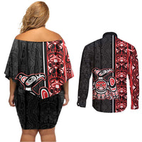 Canada Indigenous Peoples' Day Couples Matching Off Shoulder Short Dress and Long Sleeve Button Shirt Canadian Raven Haida Pattern