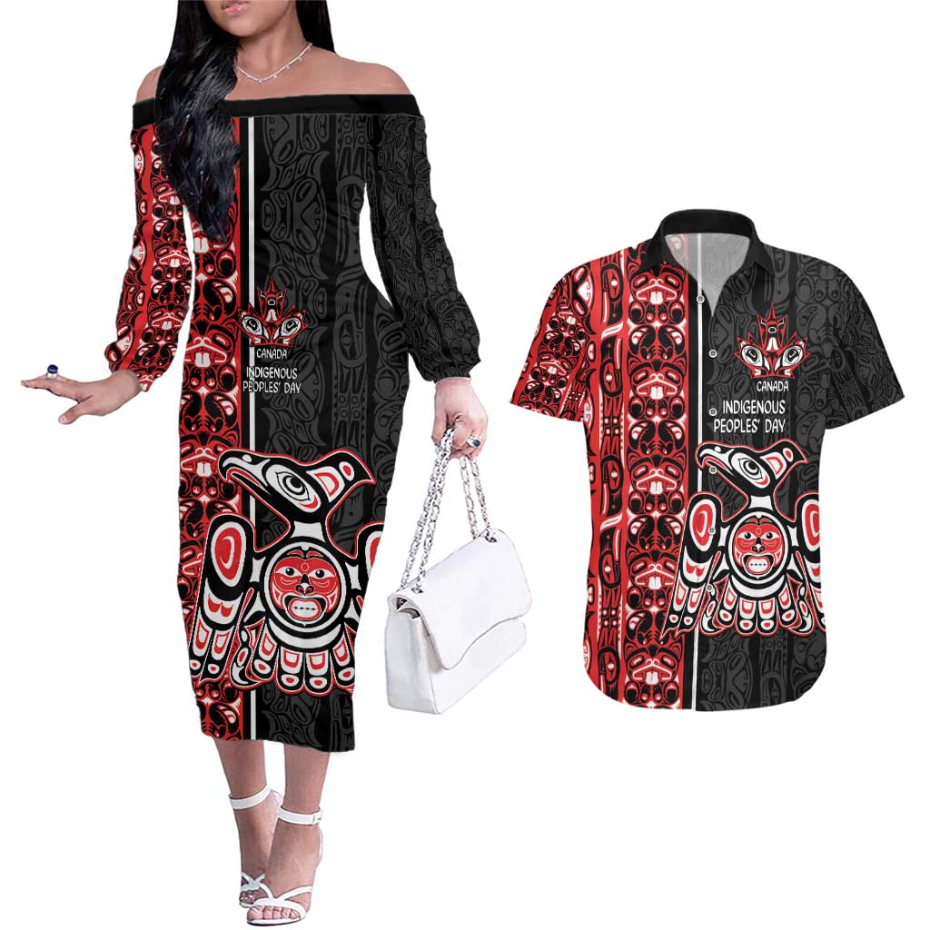 Canada Indigenous Peoples' Day Couples Matching Off The Shoulder Long Sleeve Dress and Hawaiian Shirt Canadian Raven Haida Pattern