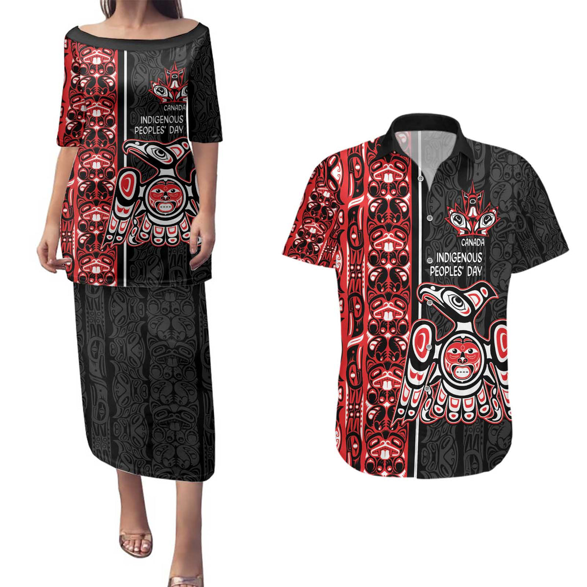 Canada Indigenous Peoples' Day Couples Matching Puletasi and Hawaiian Shirt Canadian Raven Haida Pattern
