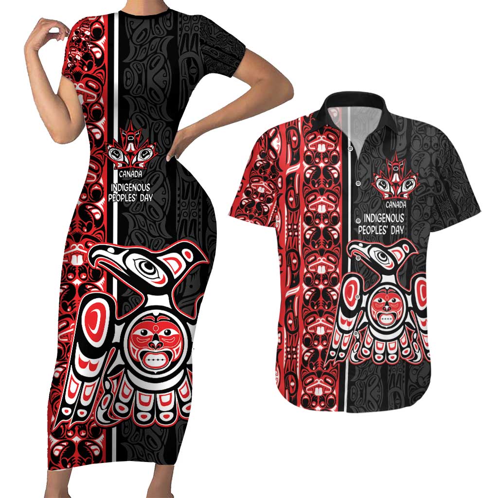 Canada Indigenous Peoples' Day Couples Matching Short Sleeve Bodycon Dress and Hawaiian Shirt Canadian Raven Haida Pattern