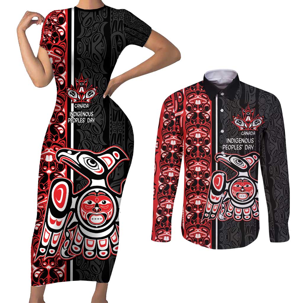 Canada Indigenous Peoples' Day Couples Matching Short Sleeve Bodycon Dress and Long Sleeve Button Shirt Canadian Raven Haida Pattern