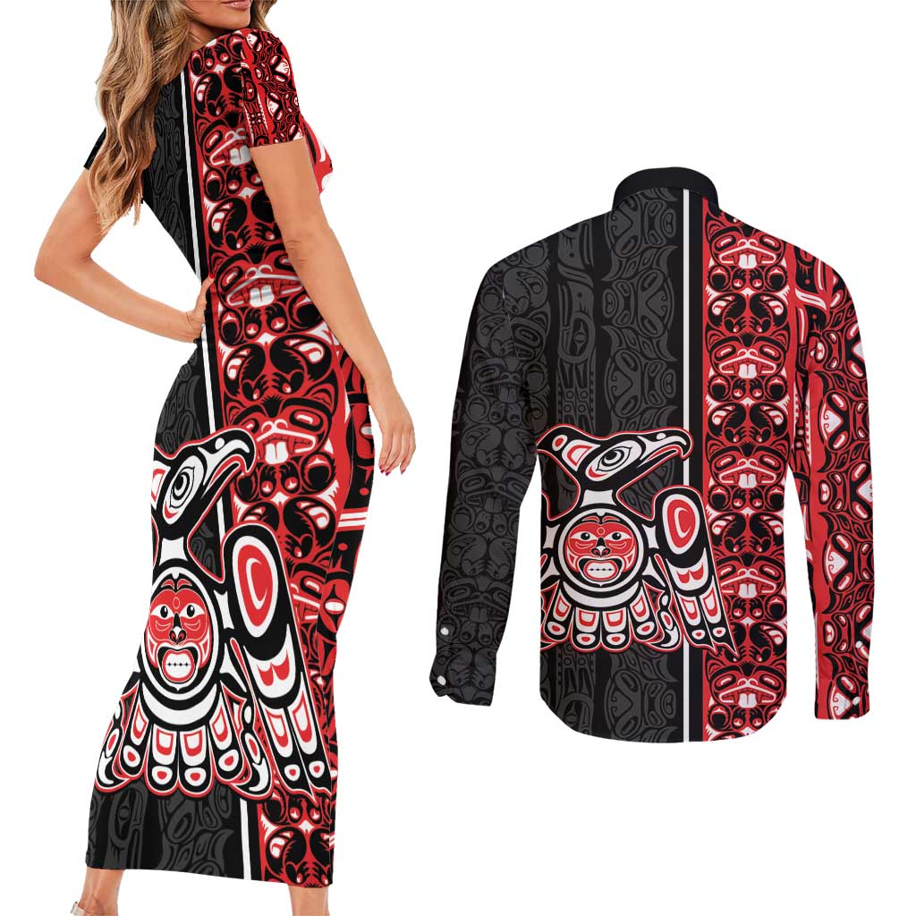 Canada Indigenous Peoples' Day Couples Matching Short Sleeve Bodycon Dress and Long Sleeve Button Shirt Canadian Raven Haida Pattern