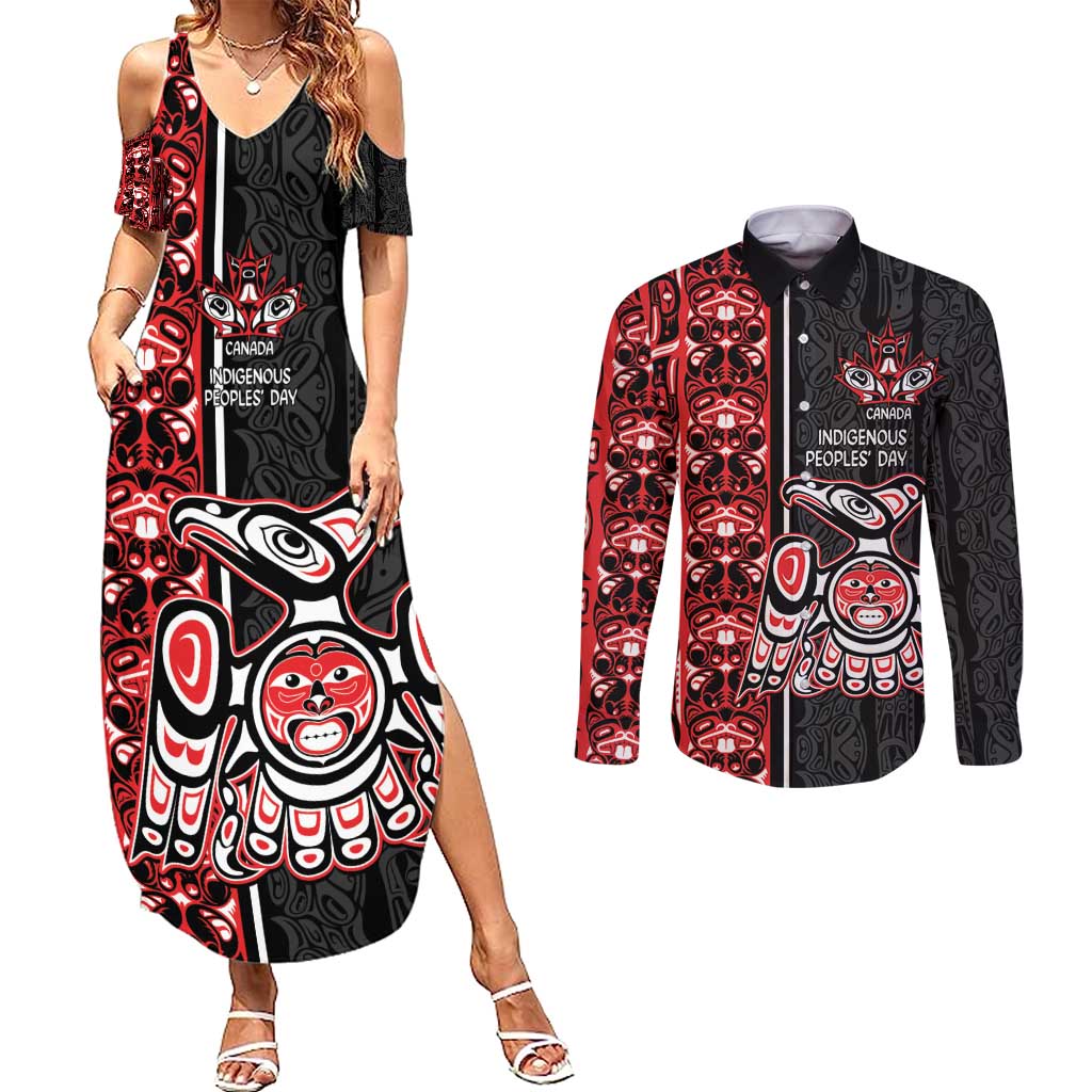 Canada Indigenous Peoples' Day Couples Matching Summer Maxi Dress and Long Sleeve Button Shirt Canadian Raven Haida Pattern
