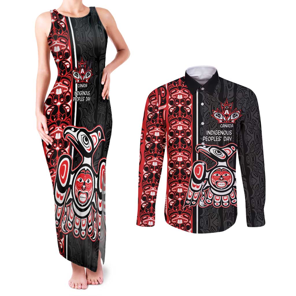 Canada Indigenous Peoples' Day Couples Matching Tank Maxi Dress and Long Sleeve Button Shirt Canadian Raven Haida Pattern