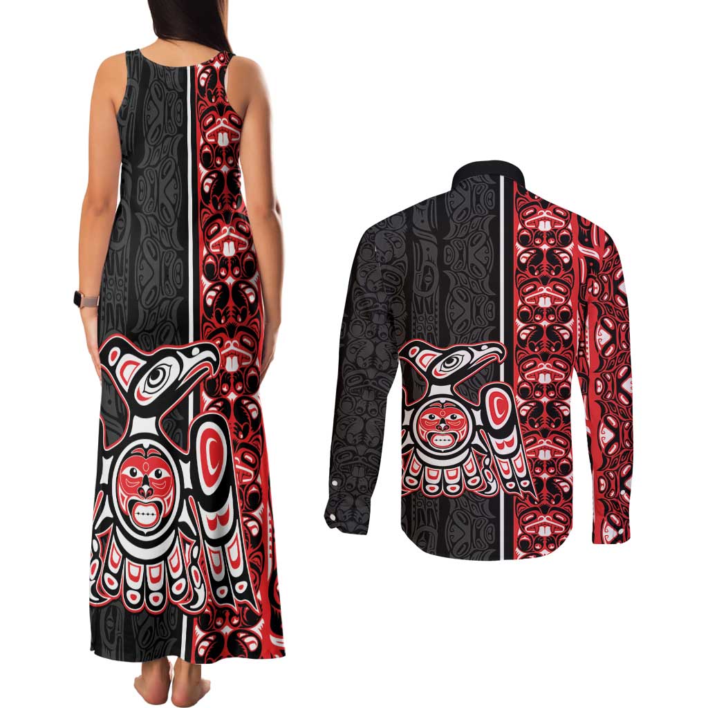 Canada Indigenous Peoples' Day Couples Matching Tank Maxi Dress and Long Sleeve Button Shirt Canadian Raven Haida Pattern