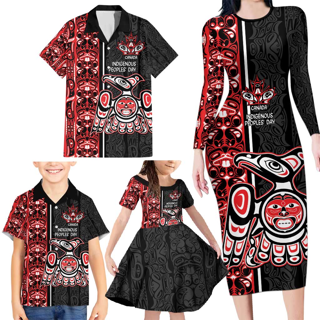 Canada Indigenous Peoples' Day Family Matching Long Sleeve Bodycon Dress and Hawaiian Shirt Canadian Raven Haida Pattern