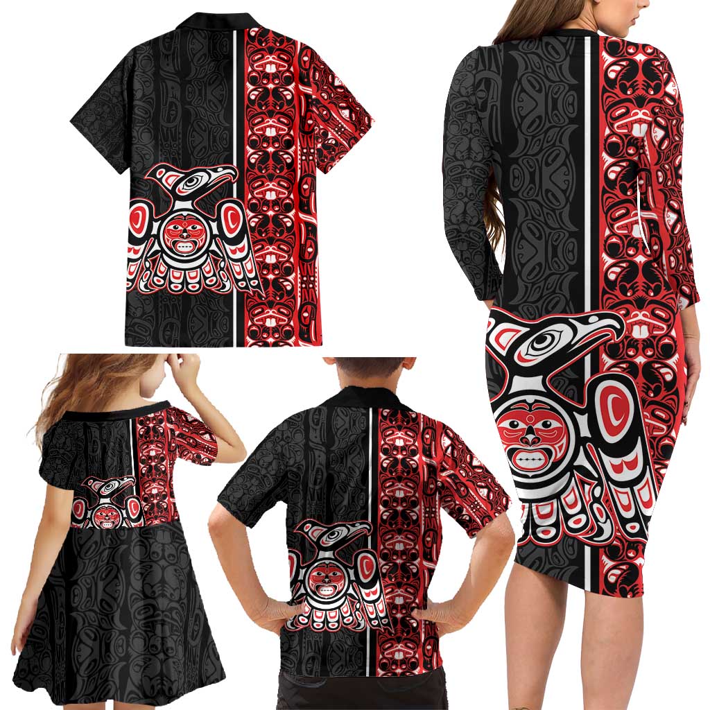 Canada Indigenous Peoples' Day Family Matching Long Sleeve Bodycon Dress and Hawaiian Shirt Canadian Raven Haida Pattern
