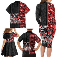 Canada Indigenous Peoples' Day Family Matching Long Sleeve Bodycon Dress and Hawaiian Shirt Canadian Raven Haida Pattern