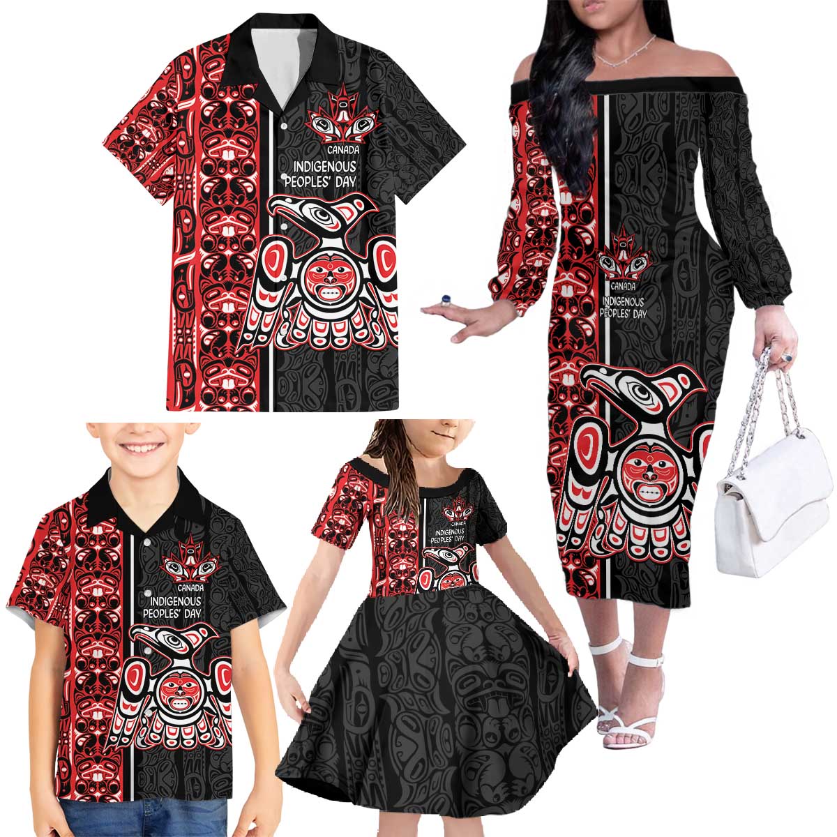 Canada Indigenous Peoples' Day Family Matching Off The Shoulder Long Sleeve Dress and Hawaiian Shirt Canadian Raven Haida Pattern