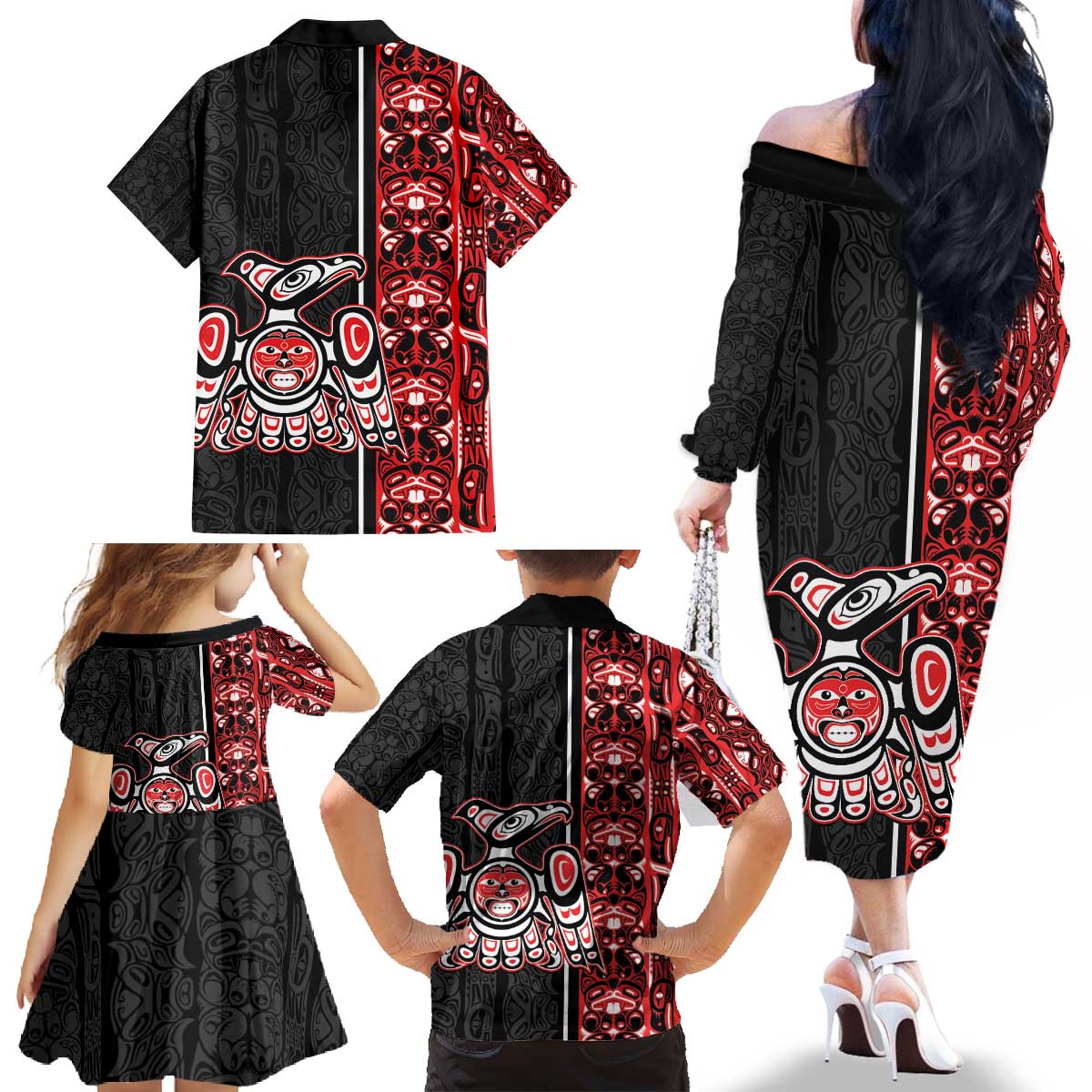 Canada Indigenous Peoples' Day Family Matching Off The Shoulder Long Sleeve Dress and Hawaiian Shirt Canadian Raven Haida Pattern