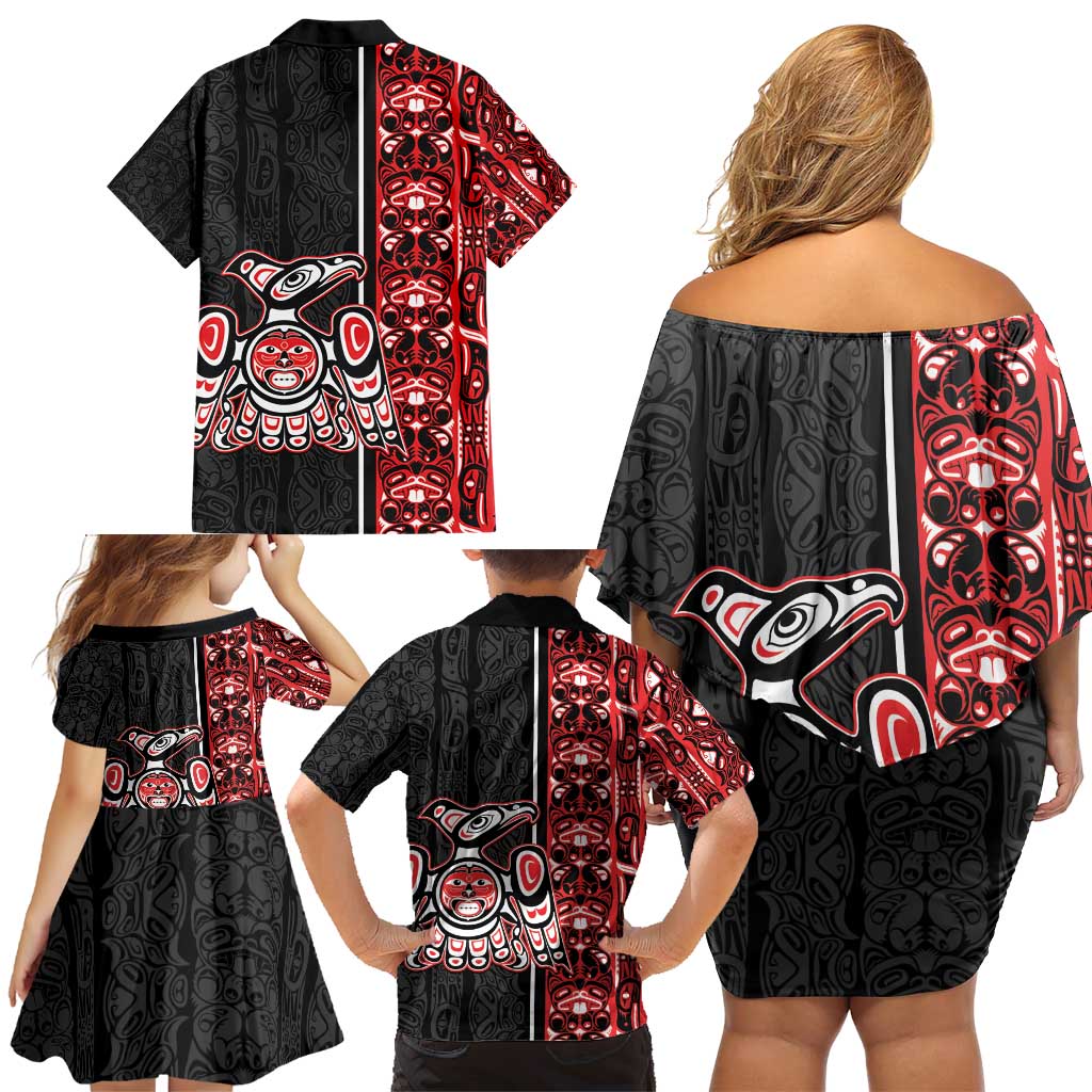 Canada Indigenous Peoples' Day Family Matching Off Shoulder Short Dress and Hawaiian Shirt Canadian Raven Haida Pattern