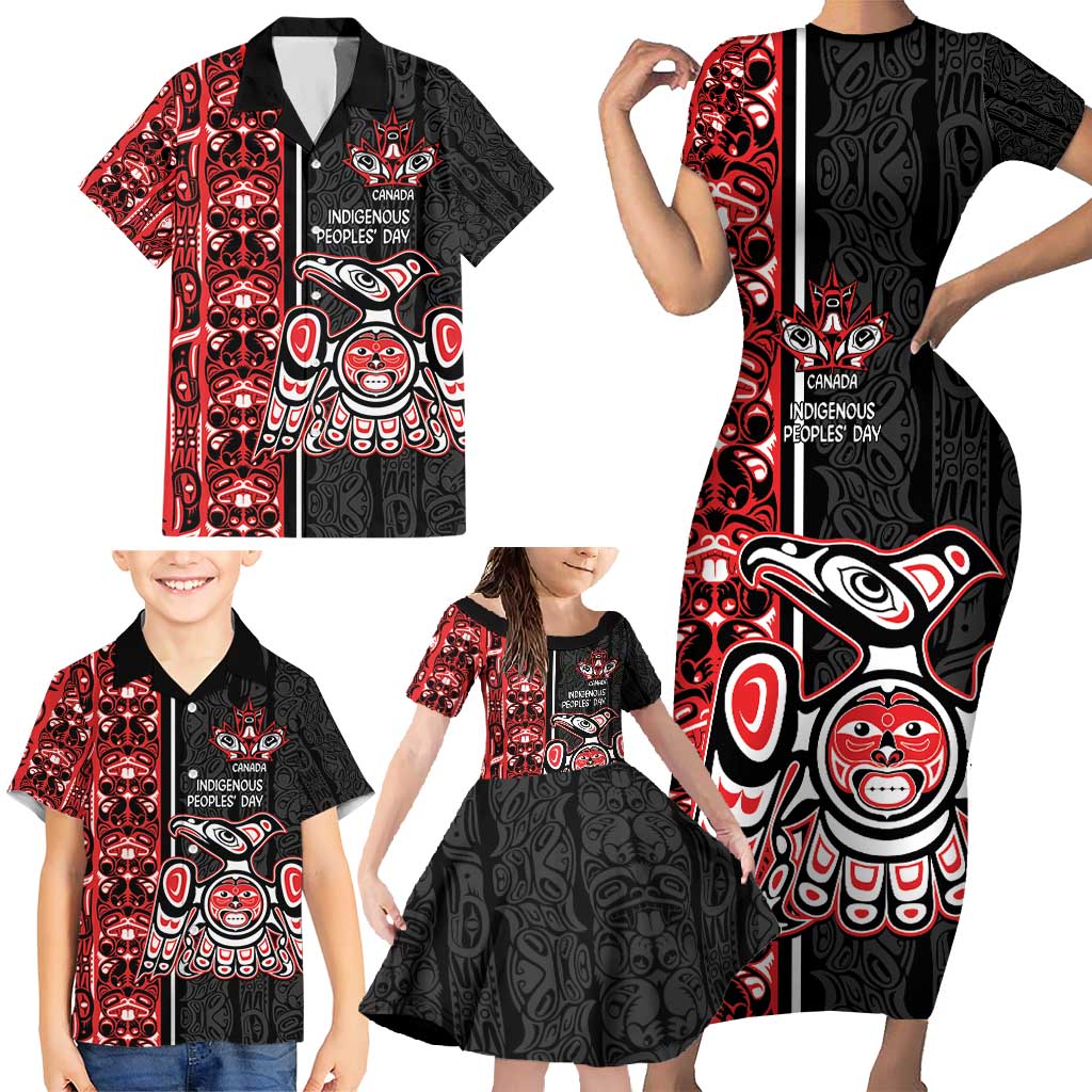 Canada Indigenous Peoples' Day Family Matching Short Sleeve Bodycon Dress and Hawaiian Shirt Canadian Raven Haida Pattern