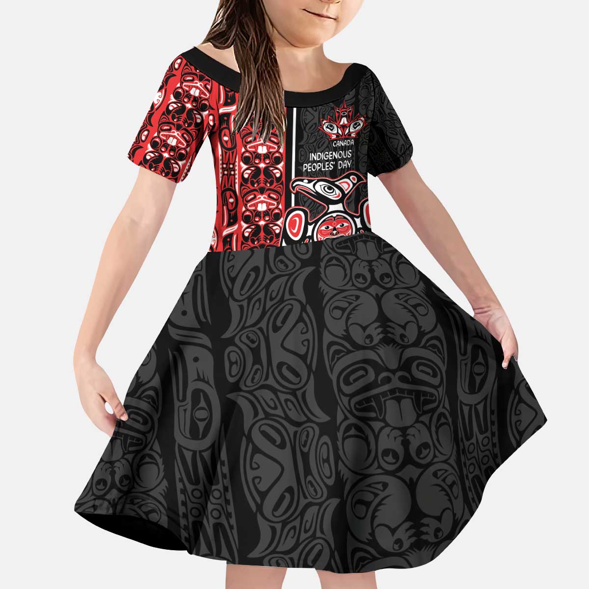 Canada Indigenous Peoples' Day Kid Short Sleeve Dress Canadian Raven Haida Pattern