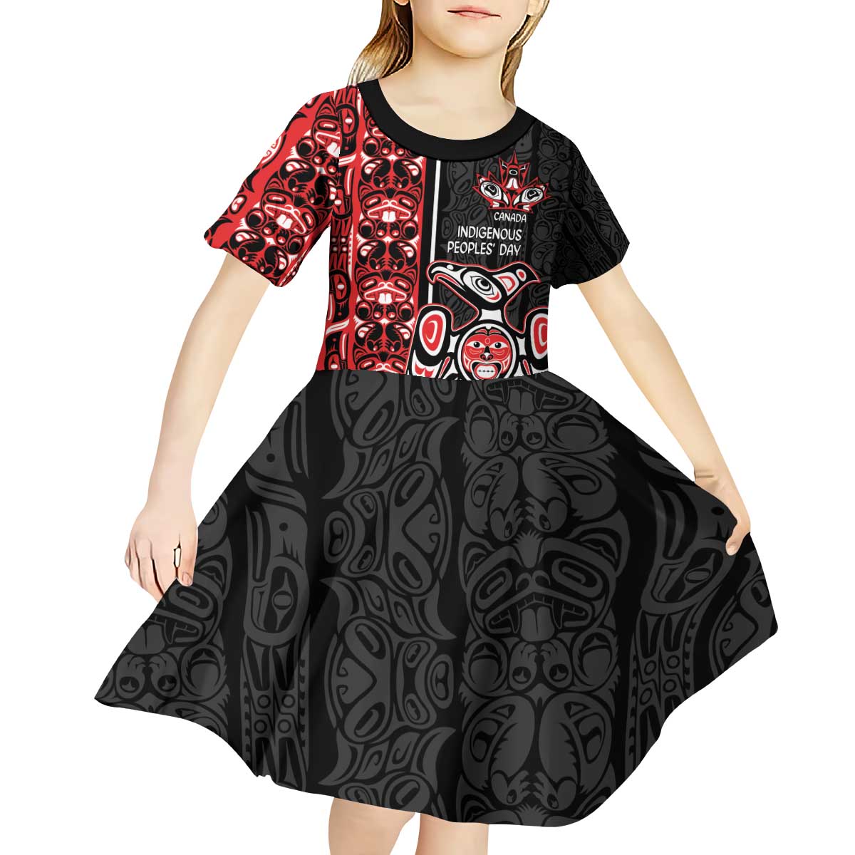 Canada Indigenous Peoples' Day Kid Short Sleeve Dress Canadian Raven Haida Pattern