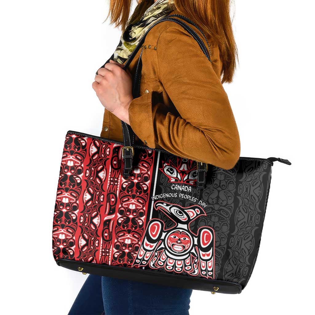 Canada Indigenous Peoples' Day Leather Tote Bag Canadian Raven Haida Pattern